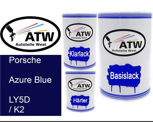 Porsche, Azure Blue, LY5D / K2: 500ml Lackdose + 500ml Klarlack + 250ml Härter - Set, von ATW Autoteile West.
